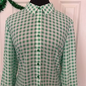 ☘️Women’s D&Co. Denim & Company Green/White Button-down Long Sleeve Top SZ Med